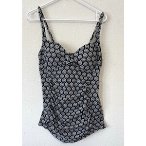 Merona One Piece Swimsuit Womens M‎ Black White Ruched Tummy Modest Suit